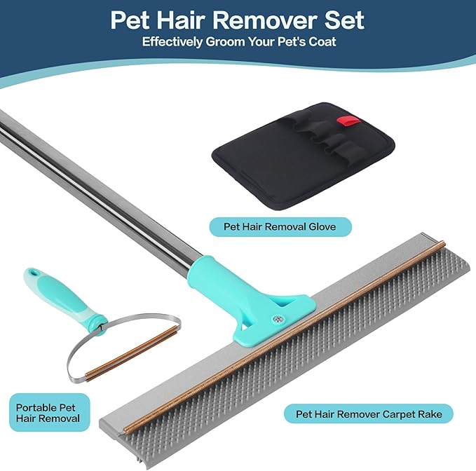 3 in 1 Carpet Rake for Pet Hair Removal, Reusable Pet Hair Remover Broom with 54" Adjustable Long Handle, Dog Cat Carpet Scraper Brush Tool Kit for Cleaning, Dog Fur Broom for Rugs, Mats, Couch