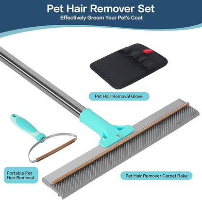 3 in 1 Carpet Rake for Pet Hair Removal, Reusable Pet Hair Remover Broom with 54" Adjustable Long Handle, Dog Cat Carpet Scraper Brush Tool Kit for Cleaning, Dog Fur Broom for Rugs, Mats, Couch