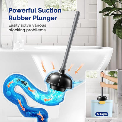 HAMITOR Toilet Plunger and Brush Set for Bathroom Cleaning with Extented Handle - Heavy Duty Toilet Plunger Combo Accessories with Caddy Stand Holder for Small Space - Gray