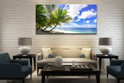 weiyiart Large Canvas Wall Art Blue Ocean Canvas Wall Art Summer Ocean Waves Coconut Trees on Sands Beach Seascape Painting Sea Nature Pictures for Living Room Home Office Wall Decor