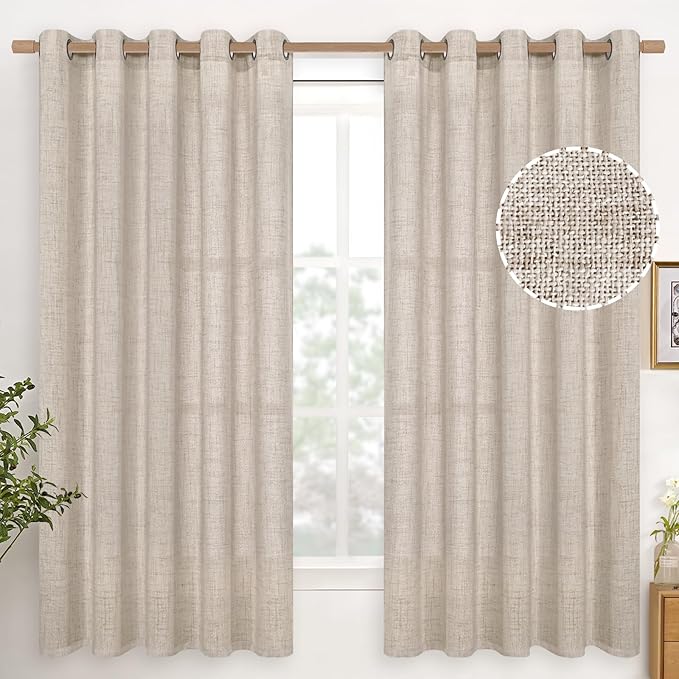 YoungsTex Natural Linen Curtains 63 Inch Length 2 Panel Linen Textured Curtains with Bronze Grommet Light Filtering Window Drapes for Living Room, 60 X 63 Inch