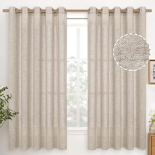 YoungsTex Natural Linen Curtains 63 Inch Length 2 Panel Linen Textured Curtains with Bronze Grommet Light Filtering Window Drapes for Living Room, 60 X 63 Inch