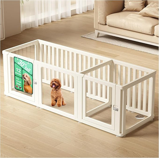 Transparent 12-Panel Dog Playpen, Acrylic Indoor/Outdoor Puppy Pen for Small & Medium Dogs, 30 Inch with Door, White(Ventilated Design 74 * 26 Two Rooms,30 inch)