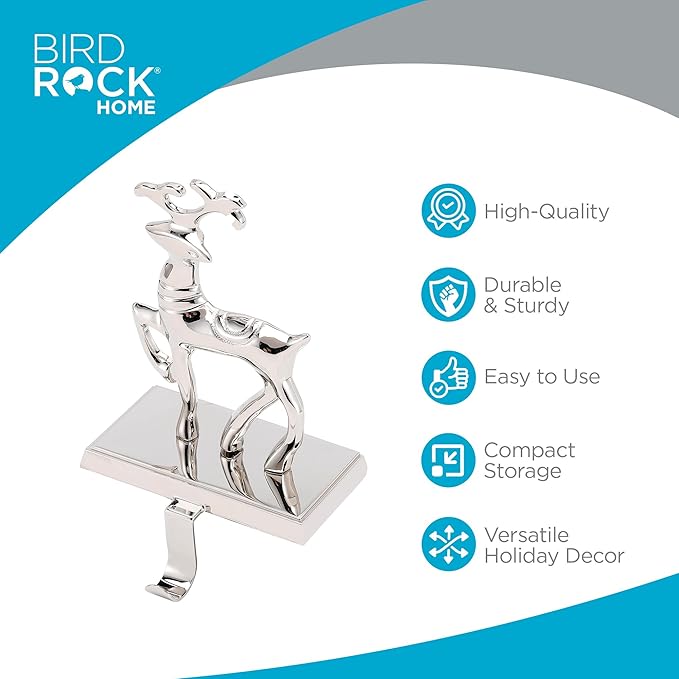 BIRDROCK HOME Christmas Stocking Holders for Mantle - Weighted Metal Hanger for Stockings & Holiday Decor - Sturdy Metal Hook for Fireplace, Staircase & Shelf - Non-Scratch Base - Reindeer