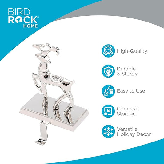 BIRDROCK HOME Christmas Stocking Holders for Mantle - Weighted Metal Hanger for Stockings & Holiday Decor - Sturdy Metal Hook for Fireplace, Staircase & Shelf - Non-Scratch Base - Reindeer