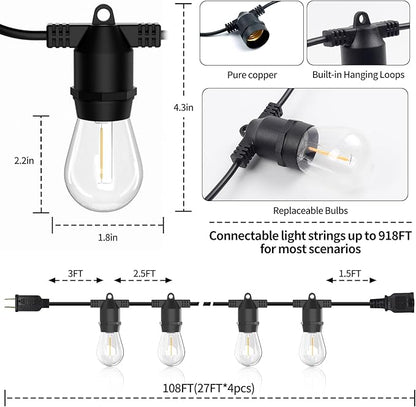 108FT LED Outdoor String Lights, IP65 Waterproof, S14 Shatterproof 27FT*4 Pack Outdoor String Lights (Maximum 918FT) Edison Vintage Bulbs Patio, Balcony, Deck, Garden Lights