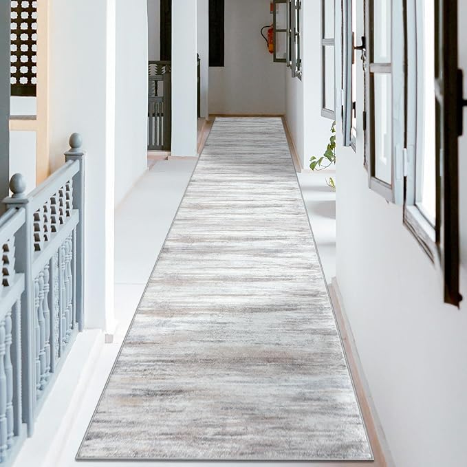 KOZYFLY Modern Abstract Kitchen Runner Rug, 2.6x16 Washable Rug Runner Non-Slip Soft Striped Hallway Runner Rugs, Beige Print Carpet Runner for Entryway Bathroom Laundry Room Foyer