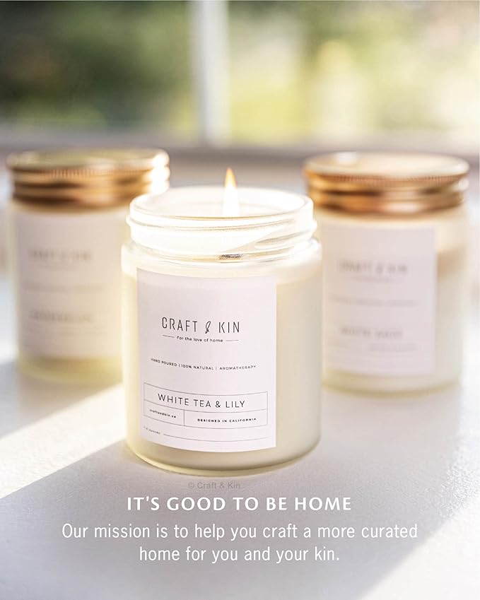 Craft & Kin White Tea & Lily Scented Candle | 8 Oz 45 Hour Long Lasting | Classic Soy Scented Woodwick Holiday Candles | Made with Natural Soy | Winter Candles Gifts for Men and Women