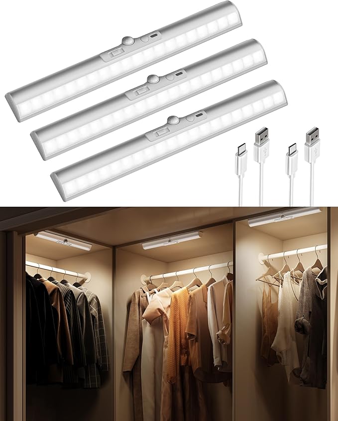 EZVALO 3 Pack Motion Sensor Closet Light with Eye-Protection Design, 1800mAh Rechargeable Under Cabinet Lighting, 3 Color Temps Night Light for Pantry, Closet