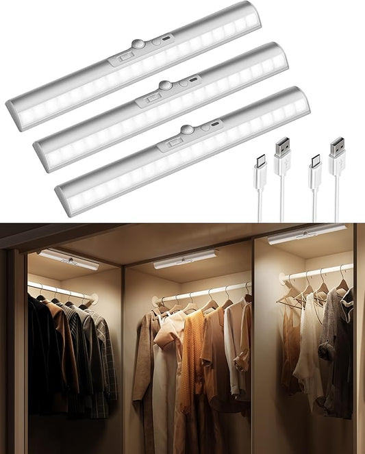 EZVALO 3 Pack Motion Sensor Closet Light with Eye-Protection Design, 1800mAh Rechargeable Under Cabinet Lighting, 3 Color Temps Night Light for Pantry, Closet