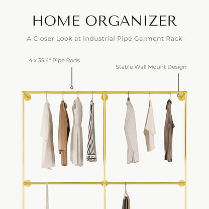 Industrial Pipe Clothing Rack, Heavy Duty Wall Mounted Clothes Rack, Retail Display Hanging Garment Rod for Laundry Rooms Closet Storage, 14.6x75x82.7 Inches, Model K09 Gold