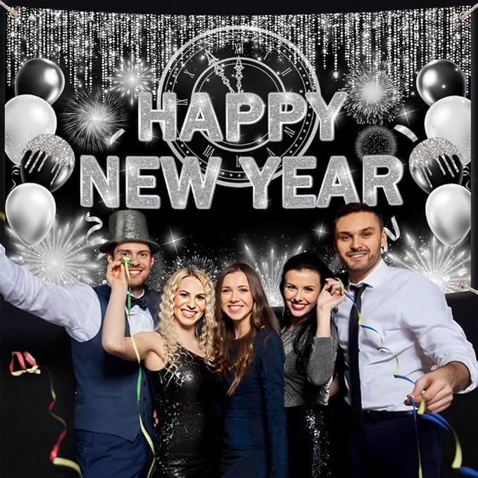 Black Silver Happy New Year Backdrop 2026 Kiss Me at Midnight Photography Background Cheers to The New Year Eve Hello 2026 Party Decorations Firework Banner Photo Props 7X5ft