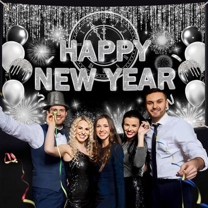 Black Silver Happy New Year Backdrop 2026 Kiss Me at Midnight Photography Background Cheers to The New Year Eve Hello 2026 Party Decorations Firework Banner Photo Props 7X5ft