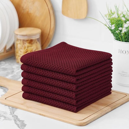 Kitinjoy 100% Cotton Kitchen Dish Cloths, 6 Pack Waffle Weave Ultra Soft Absorbent Dish Towels for Drying Dishes Quick Drying Kitchen Towels Dish Rags, 12 X 12 Inches, Burgundy