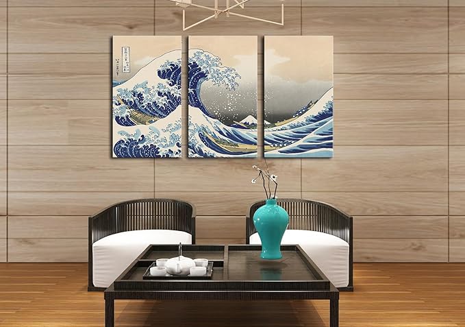The Great Wave off Kanagawa (Triptych), Katsushika Hoki Wall Art Decor, Classic Painting Abstract Seascape Canvas Print Pictures, Modern Japanese Artwork for Living Room Decoration - 12"x24"x3 Pcs