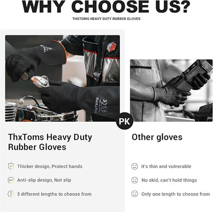 ThxToms Heavy Duty Rubber Gloves, Industrial Chemical Resistant Gloves Waterproof Reusable Protective Work Gloves for Cleaning, Dishwashing,Upgraded with Non-Slip Design, Black, 18" 1 Pair