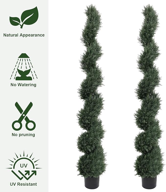 THE BLOOM TIMES 6ft Spiral Artificial Topiary Trees Set of 2, 71 inch Faux Cedar Trees for Outdoor Planters - Fake Twist Cypress Plants for Garden Front Porch Indoor Outside Christmas Decor 6 Foot