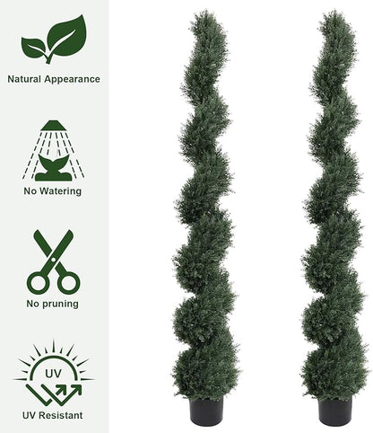 THE BLOOM TIMES 6ft Spiral Artificial Topiary Trees Set of 2, 71 inch Faux Cedar Trees for Outdoor Planters - Fake Twist Cypress Plants for Garden Front Porch Indoor Outside Christmas Decor 6 Foot