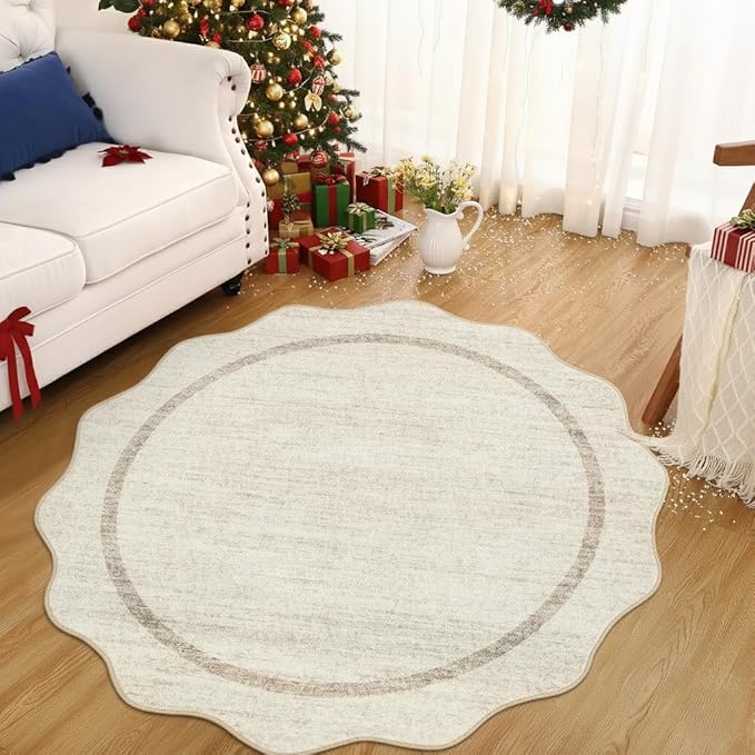GarveeHome Scalloped Round Area Rugs, Washable Small Round Rug 3 ft Non-Slip Nursery Rug, Christmas Soft Solid Beige Circle Low Pile Stain Resistant Carpet for Bedroom Entryway Kitchen Bathroom