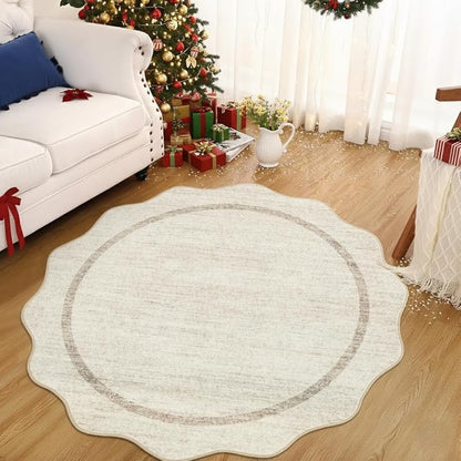 GarveeHome Scalloped Round Area Rugs, Washable Small Round Rug 3 ft Non-Slip Nursery Rug, Christmas Soft Solid Beige Circle Low Pile Stain Resistant Carpet for Bedroom Entryway Kitchen Bathroom