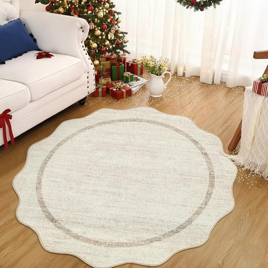 GarveeHome Scalloped Round Area Rugs, Washable Small Round Rug 3 ft Non-Slip Nursery Rug, Christmas Soft Solid Beige Circle Low Pile Stain Resistant Carpet for Bedroom Entryway Kitchen Bathroom