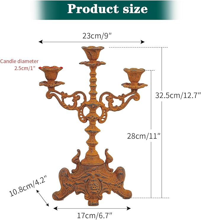 Sungmor Rusty Cast Iron 3 Arm Candelabra, 13" Tall Vintage Candlestick Holder, Decorative Taper Candle Holder, Pretty Centerpiece Candle Stand for Halloween, Christmas, Holiday Décor