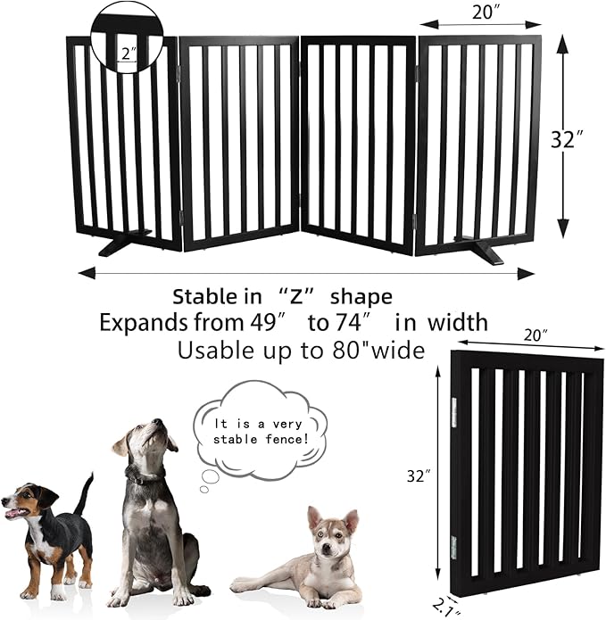 Dog Gate Indoor, Freestanding Dog Fence for The House, Doorways, Hallways,or Stairs,Pet Gate Foldable Wooden,Expandable 32" Height 4 Panels,Black