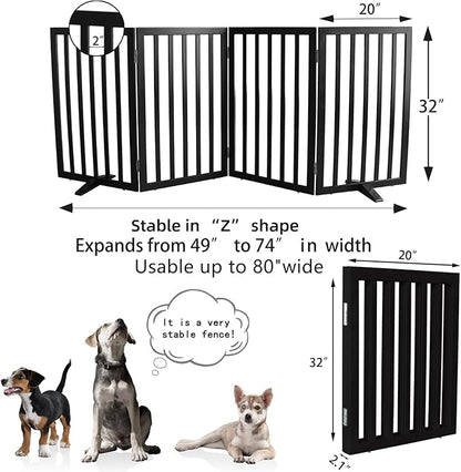 Dog Gate Indoor, Freestanding Dog Fence for The House, Doorways, Hallways,or Stairs,Pet Gate Foldable Wooden,Expandable 32" Height 4 Panels,Black