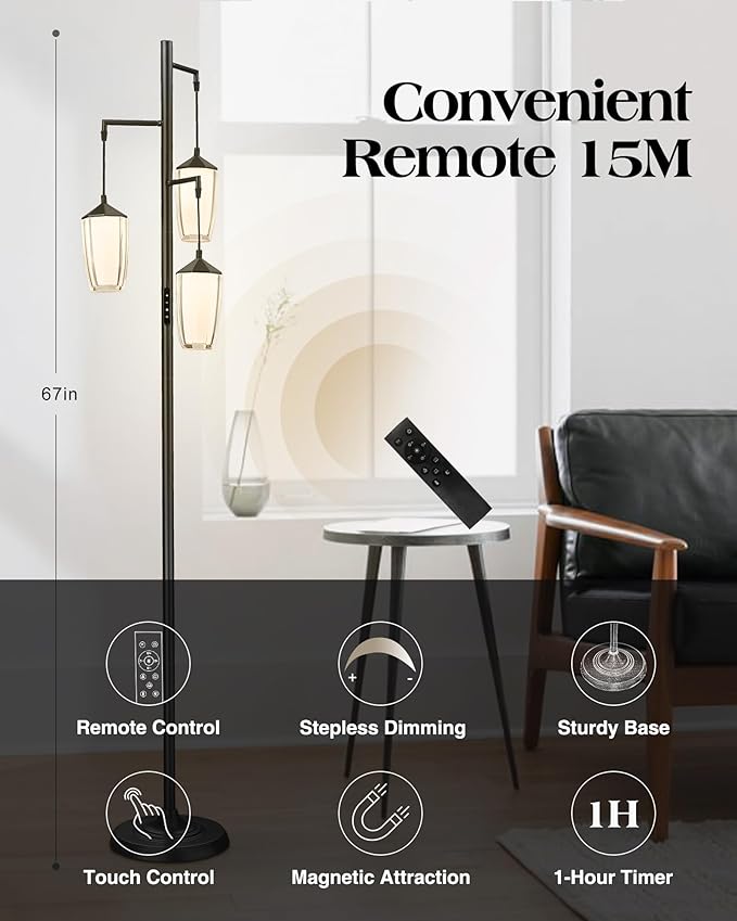 ELYONA Modern Dimmable Floor Lamp, 3-Light Standing Lamp with Remote & Touch Control, Stepless Adjustable 2200K-6500K Colors & Brightness 24W LED Reading Light for Bedroom Living Room Office, Black