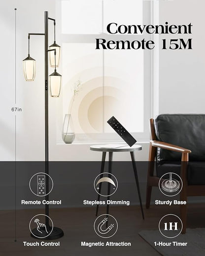 ELYONA Modern Dimmable Floor Lamp, 3-Light Standing Lamp with Remote & Touch Control, Stepless Adjustable 2200K-6500K Colors & Brightness 24W LED Reading Light for Bedroom Living Room Office, Black