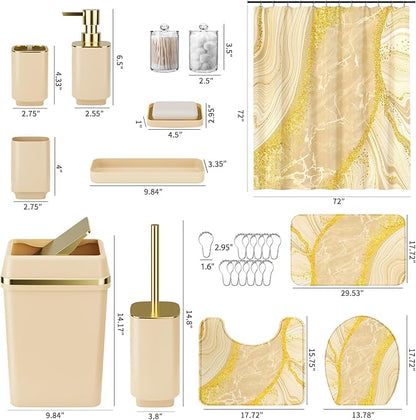 25PCS Bathroom Accessory Set, Beige Bathroom Set with Large-Capacity 4 Gallon Trash Can,Bathroom Rugs Set, Waterproof Shower Curtain, Toilet Brush, Toothbrush Holder & Soap Dispenser