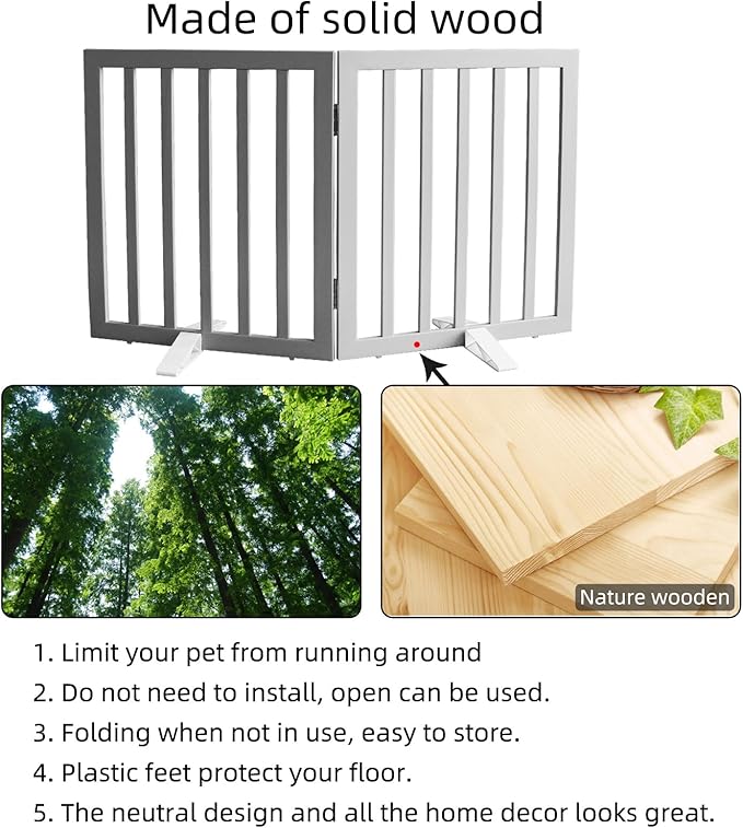 Dog Gate Indoor, Freestanding Dog Fence for The House, Doorways, Hallways,or Stairs,Pet Gate Foldable Wooden,Expandable 32" Height 2 Panels,Grey