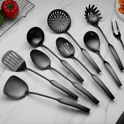 304 Stainless Steel Kitchen Utensils Set 9 Pcs Cooking Utensil Set, 15 Inches All Metal Cooking Tools Wok Kitchen Cookware Set with Spatula Useful Pots and Pans Accessories
