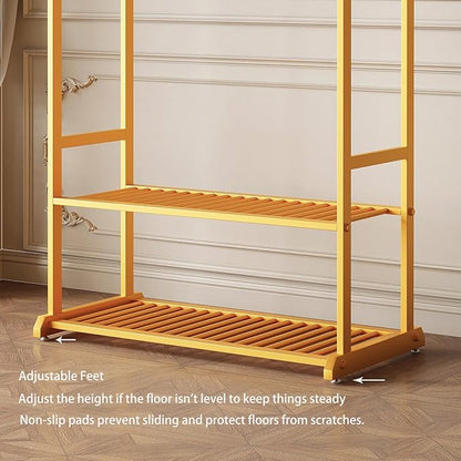 Gold Clothing Rack,Heavy duty clothes rack with 2-tier Bottom Shelves, Garment Rack with 6 Side Hooks for Hanging Clothes, Coats, Shirts (gold, 31.5in)