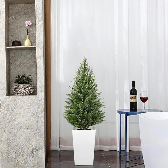 Briful Artificial Cedar Topiary Trees 4ft, Set of 2 Faux Potted Christmas Porch Trees Cypress Sbrubs, UV-Resistant Front Door Greenery in Tall White Planter for Indoor Outdoor Holiday Décor