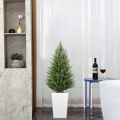 Briful Artificial Cedar Topiary Trees 4ft, Set of 2 Faux Potted Christmas Porch Trees Cypress Sbrubs, UV-Resistant Front Door Greenery in Tall White Planter for Indoor Outdoor Holiday Décor