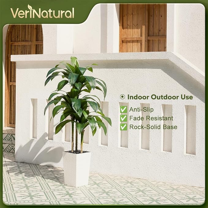 5FT Artificial Dracaena Tree - UV Resistant Faux Tropical Plant, Potted Fake Tree with Taper Planter & Pebbles - Indoor Outdoor Greenery for Home, Porch, Living Room, Bedroom Decor, VN127