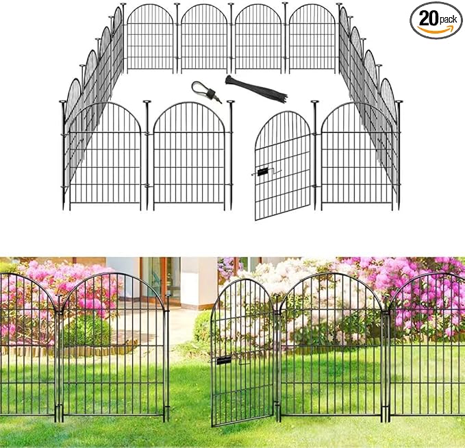 Adavin Tall Garden Fence Animal Barrier, 40 in(H)×43.7ft(L) 20 Panels No Dig Fence for Dogs, Rustproof Metal Wire Garden Fence with Gate for Dogs Rabbits, Black Dog Fence Outdoor for Yard Patio