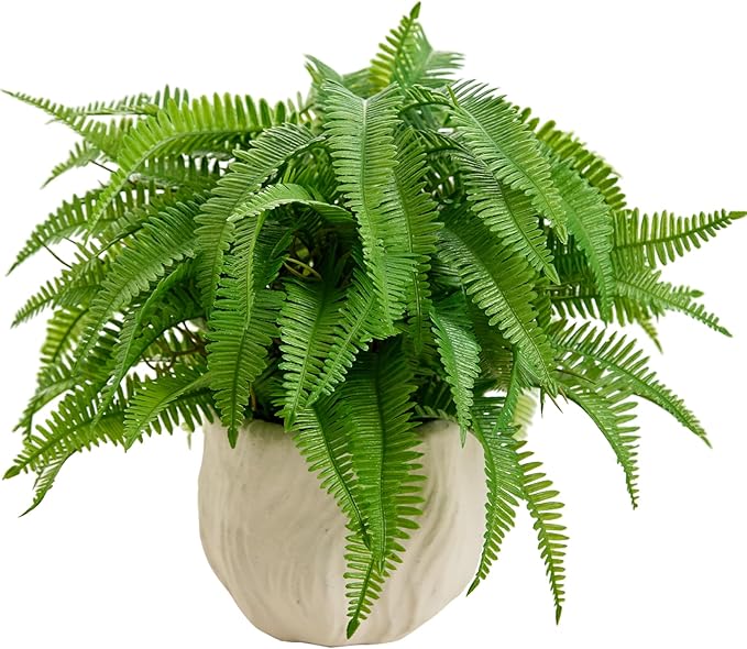 Small Fake Plant 9'' Boston Ferns Potted Artificial Plants in White Boho Embossed Planter Lifelike Faux Plants Greenery Suitable for Home Bedroom Bathroom Office Indoor Outdoor Decor
