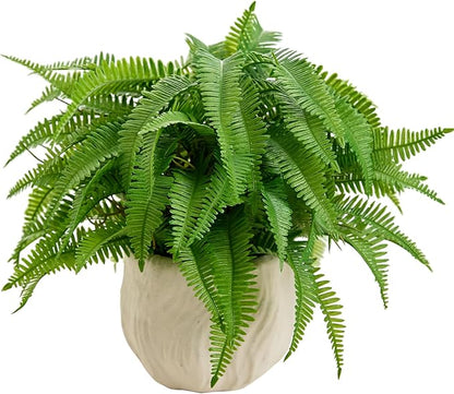 Small Fake Plant 9'' Boston Ferns Potted Artificial Plants in White Boho Embossed Planter Lifelike Faux Plants Greenery Suitable for Home Bedroom Bathroom Office Indoor Outdoor Decor