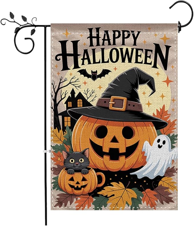Fokongna Happy Halloween Garden Flag, Cute Pumpkin Ghost Black Cat Garden Flag,Trick or Treat 12x18 Inch Burlap Vertical Double Sided Flags, for Home Yard Outside Decorations