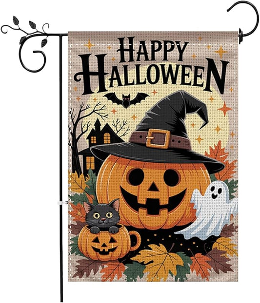 Fokongna Happy Halloween Garden Flag, Cute Pumpkin Ghost Black Cat Garden Flag,Trick or Treat 12x18 Inch Burlap Vertical Double Sided Flags, for Home Yard Outside Decorations