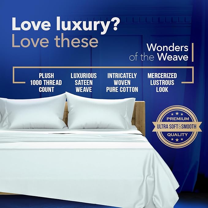 TEXAS LINEN CO. 100% Egyptian Cotton King Size Sheet Set - 1000 Thread Count 4 PC Cotton Sheets for King Bed, Soft, Cooling Extra Long Staple Luxury Hotel Sheets - Fits upto 18” Deep Pocket - Sea Foam