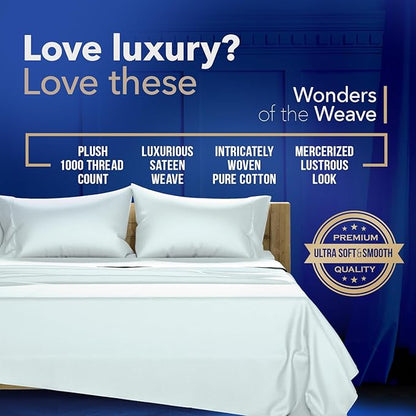 TEXAS LINEN CO. 100% Egyptian Cotton Queen Size Sheet - 1000 Thread Count 4 PC Cotton Sheets for Queen Bed, Soft, Cooling Extra Long Staple Luxury Hotel Sheets - Fits Upto 18” Deep Pocket - Sea Foam