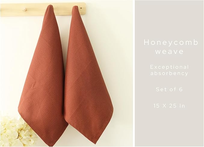 PurpleEssences Rust Waffle Weave Kitchen Towel, 100% Cotton - 15 x 25 Inches, with Hanging Loop Ultra Soft Absorbent Quick Drying Dish Cloth, Tea and Hand Towels, 6 Pack - Fall Thanksgiving - Rust