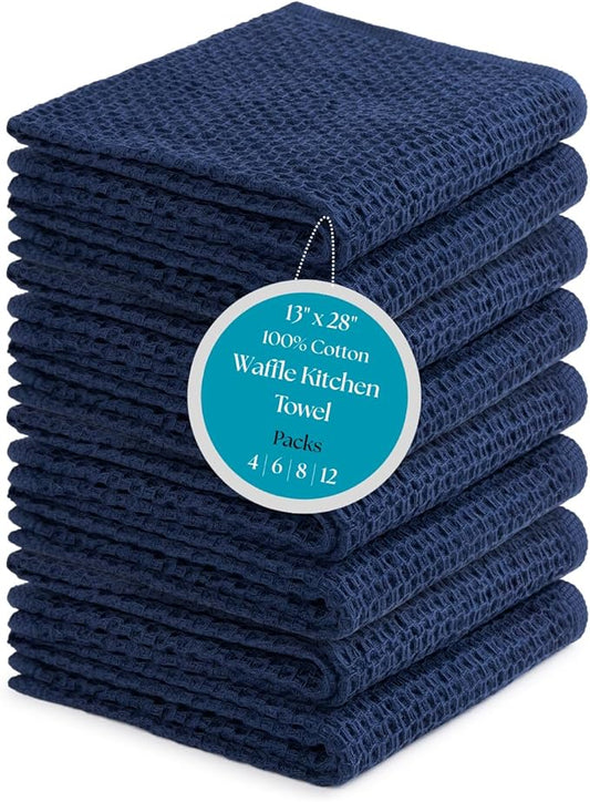 Cotton Waffle Weave Kitchen Towels - Pack of 8 (13x28 Inches) | Ultra Soft, Absorbent Dish Towels | Quick Dry Towel, Dish Cloths, Hand Towels & Dish Rags - Blue (Kitchen Essentials)