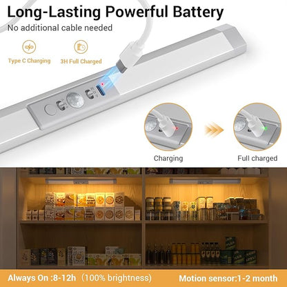 WOBANE Closet Lights Motion Sensored with Eye-Protection,Rechargeable LED Wardrobe Lighting with 3 Color,12 inch Dimmable Wireless Battery Operated Light Indoor for Stair,Pantry,Hallway,900mAh,2PCS