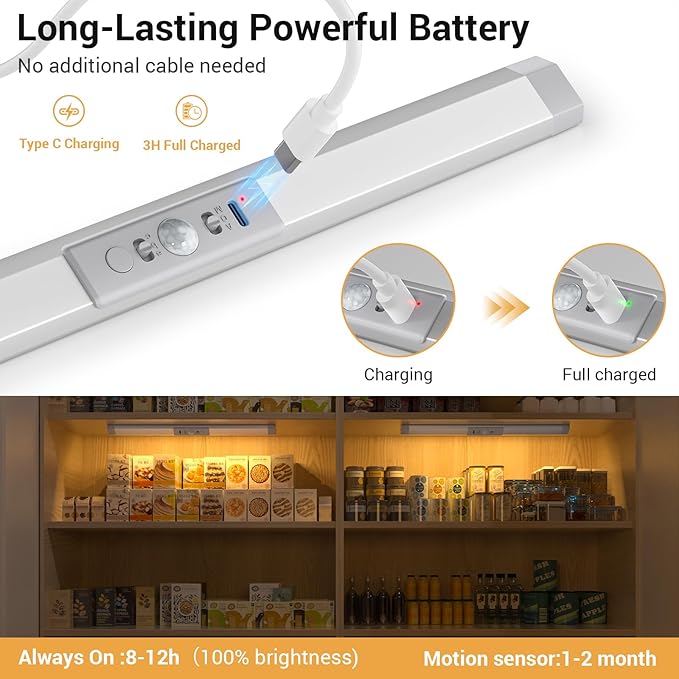 WOBANE LED Closet Lights Motion Sensor with Eye-Protection,Rechargeable Wardrobe Lighting with 3 Color,Dimmable Battery Operated Light Indoor for Bed,Shelf,Drawers,Gun Safe,900mAh,1PCS