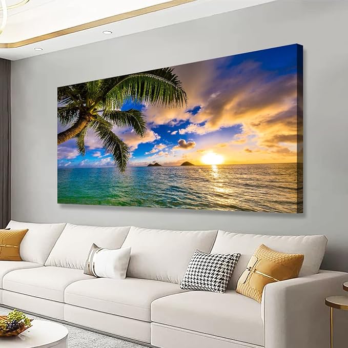 Seascape Sunset Pictures Canvas Wall Art For Living Room Bedroom Wall Decor,Palm Wall Art Print Paitnings For Home Decor,Morden Artwork Coconut Tree Canvas Art Waterproof Ready To Hang-24x48 Inches