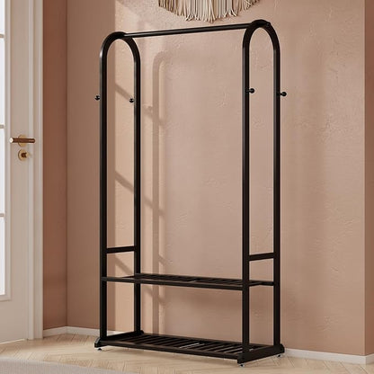 Heavy Duty Clothes Rack,Sturdy Metal Garment Racks for Hanging Clothes,Clothing Racks with bottom shelves & 6 Hooks,Multi-Functional Closet Rack for Bedroom Living room